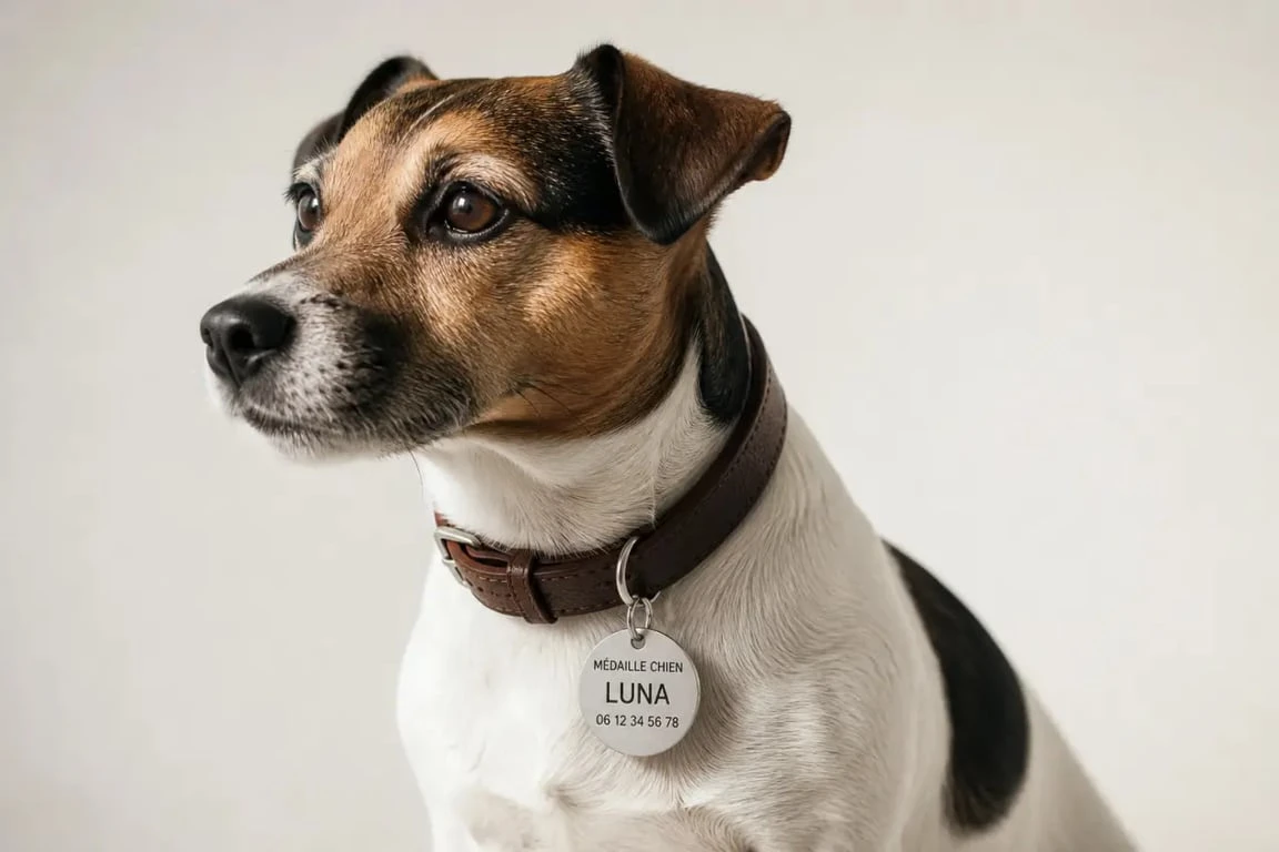 Médaille chien personnalisée portée sur un collier, avec gravure lisible