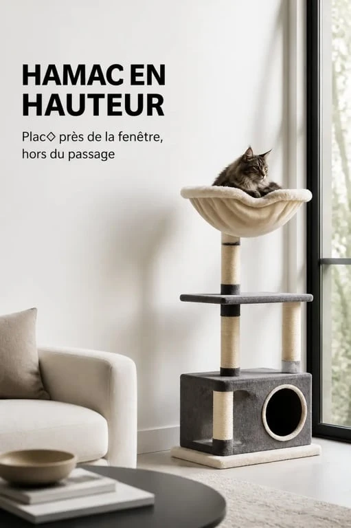 Arbre à chat hamac dans un salon lumineux, placé près d’une fenêtre pour le repos du chat