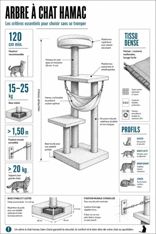 Arbre à chat hamac : critères de choix avec hauteur, base, stabilité et matériaux