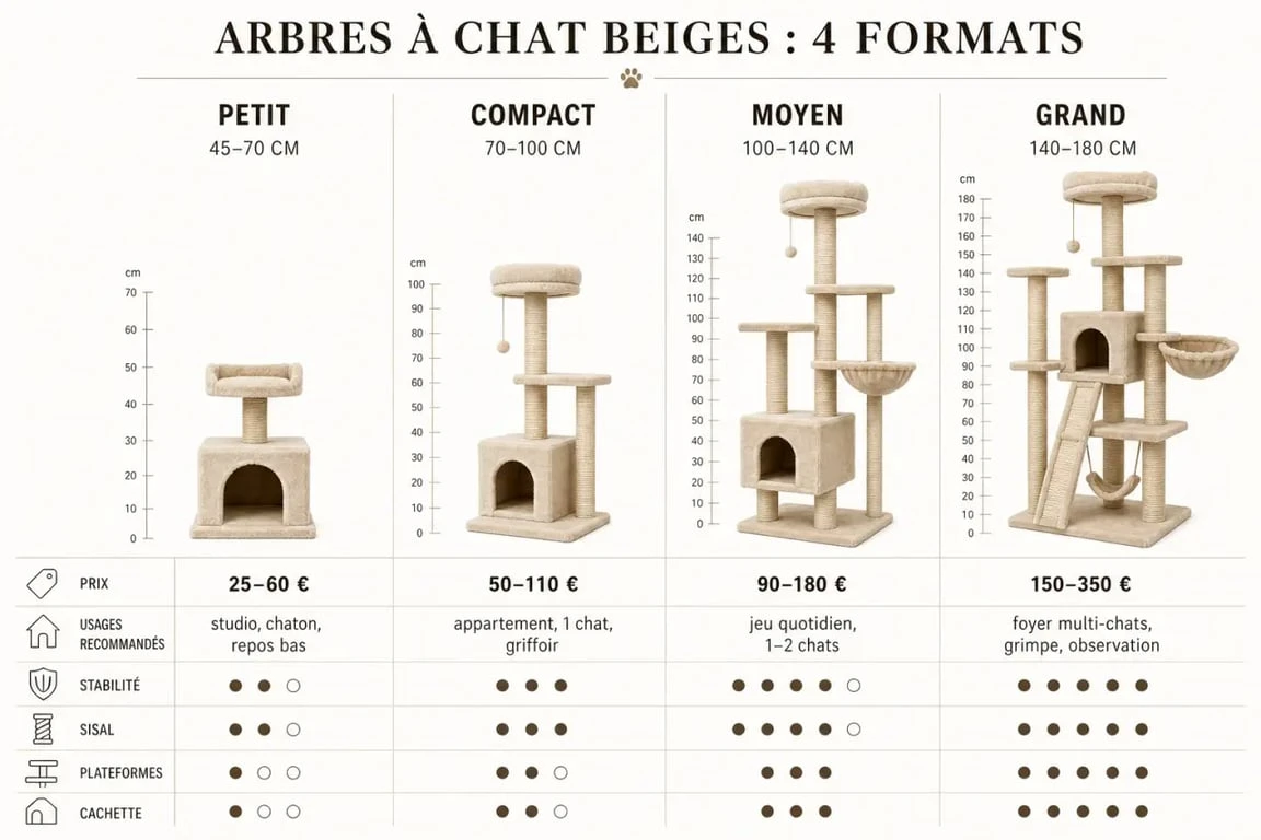 Infographie comparative arbre à chat beige : hauteurs, prix et usages recommandés