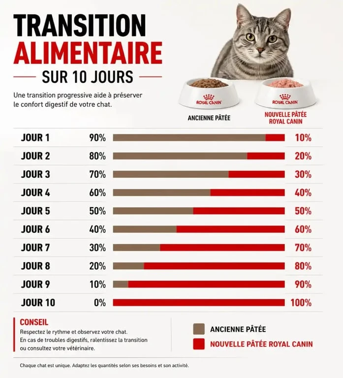 Infographie des étapes de transition alimentaire pour chat avec pâtée Royal Canin