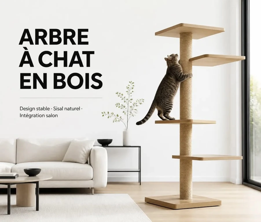 Arbre à chat bois dans un salon moderne, structure stable et design naturel