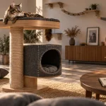 Arbre a chat meuble en bois clair avec plateforme et niche rembourrée