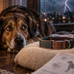 Collier anti stress chien sur coussin, chien anxieux à l’intérieur