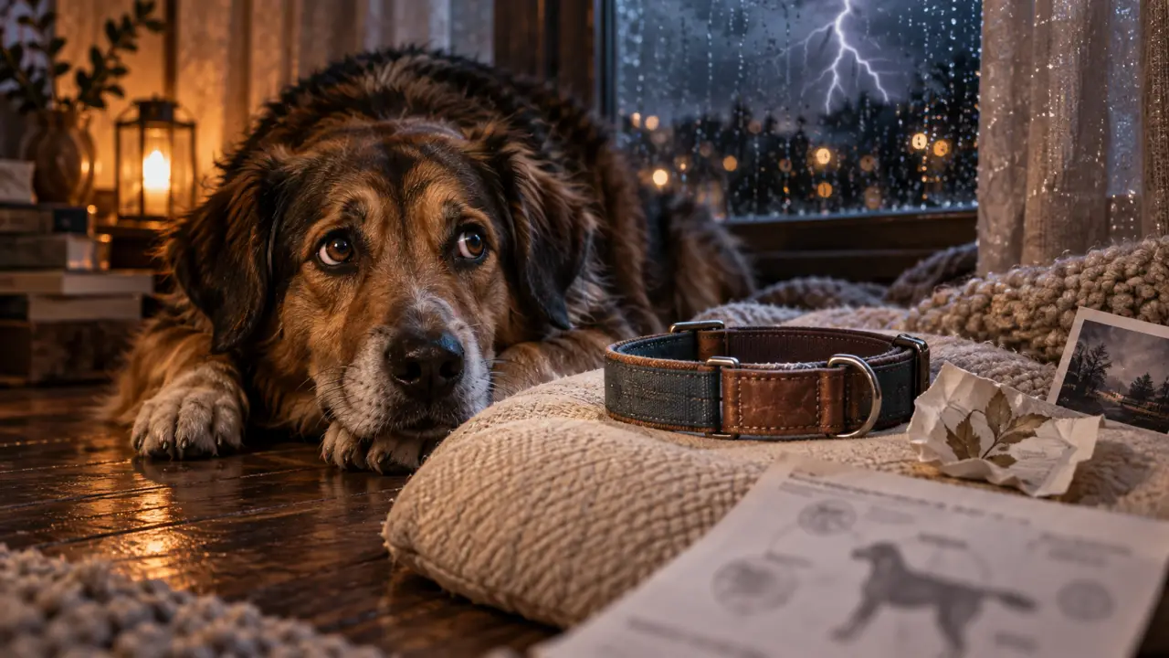 Collier anti stress chien sur coussin, chien anxieux à l’intérieur