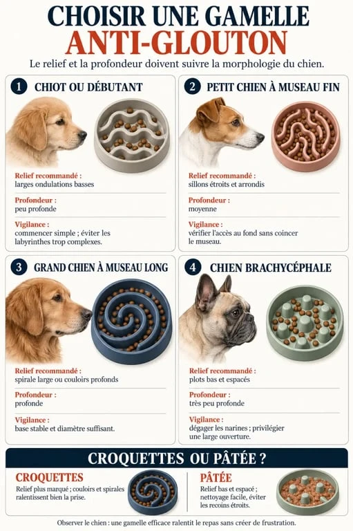 Infographie pour choisir une gamelle anti-glouton pour chien selon le museau et l'alimentation