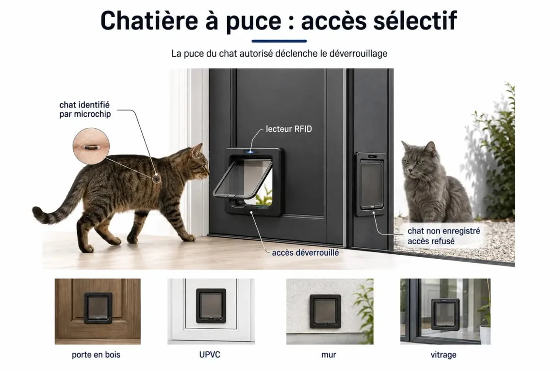 Schéma d’une chatière à puce montrant la lecture de la puce et les supports de pose possibles