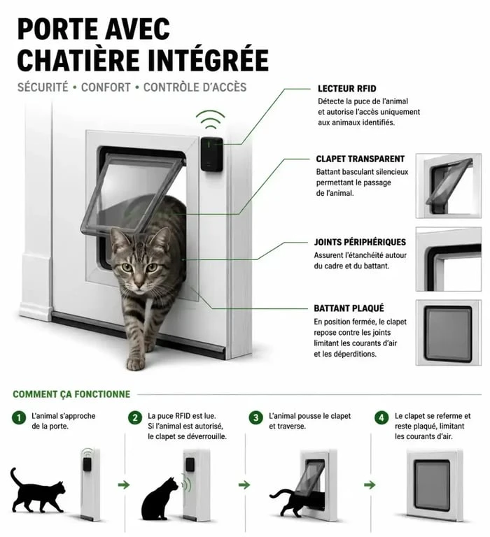 Fonctionnement d’une porte avec chatière intégrée avec clapet, joints et contrôle RFID