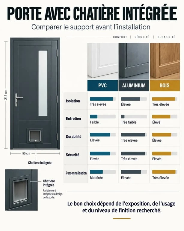 Porte avec chatière intégrée en PVC, aluminium et bois : comparaison des matériaux
