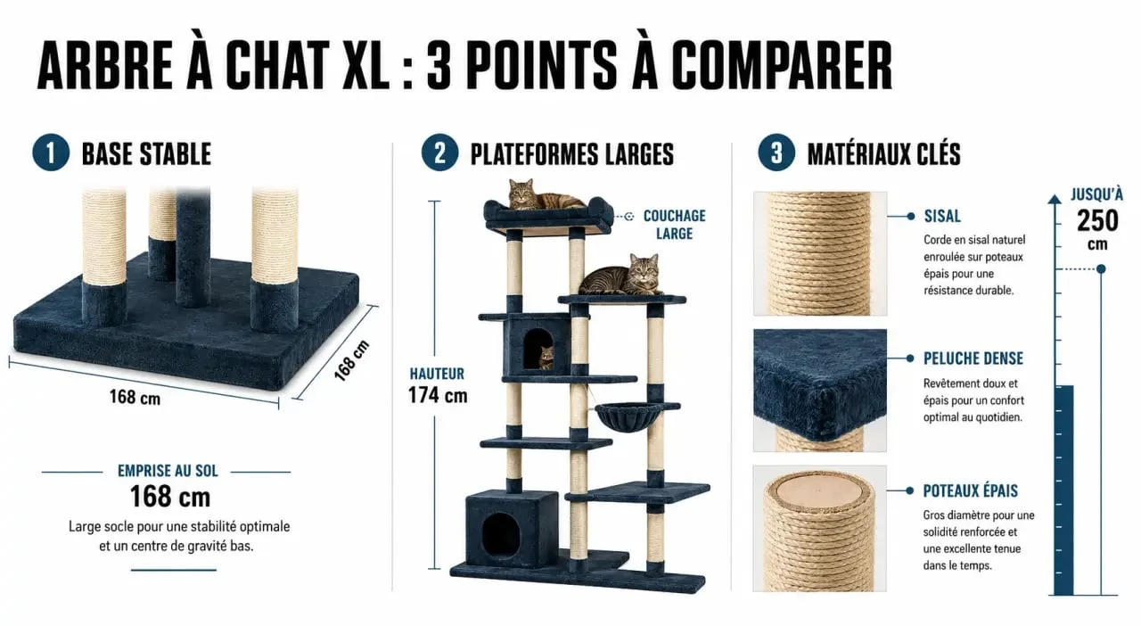 Infographie arbre a chat xl sur la stabilité, les dimensions et les matériaux adaptés aux grands chats