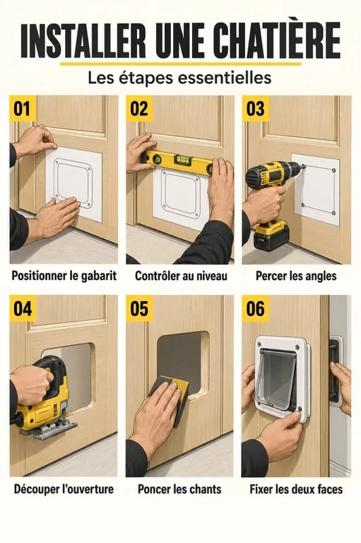 Illustration des étapes pour installer une chatière dans une porte en bois