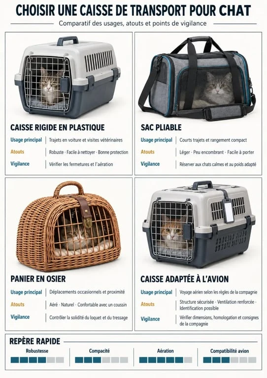 Caisse de transport chat : comparaison des modèles rigide, sac, panier et avion