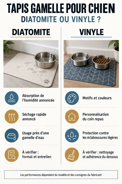 Infographie comparant les matières d’un tapis gamelle chien en diatomite et en vinyle