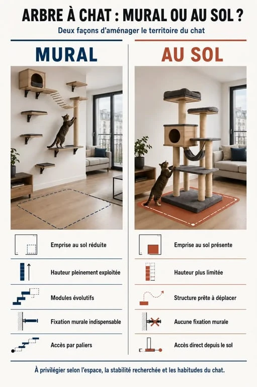 Infographie comparant un arbre à chat mural et un arbre à chat au sol dans un appartement