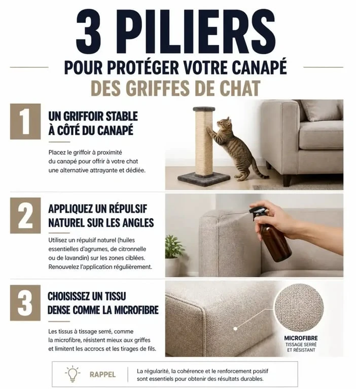 Infographie des solutions pour protéger son canapé des griffes de chat