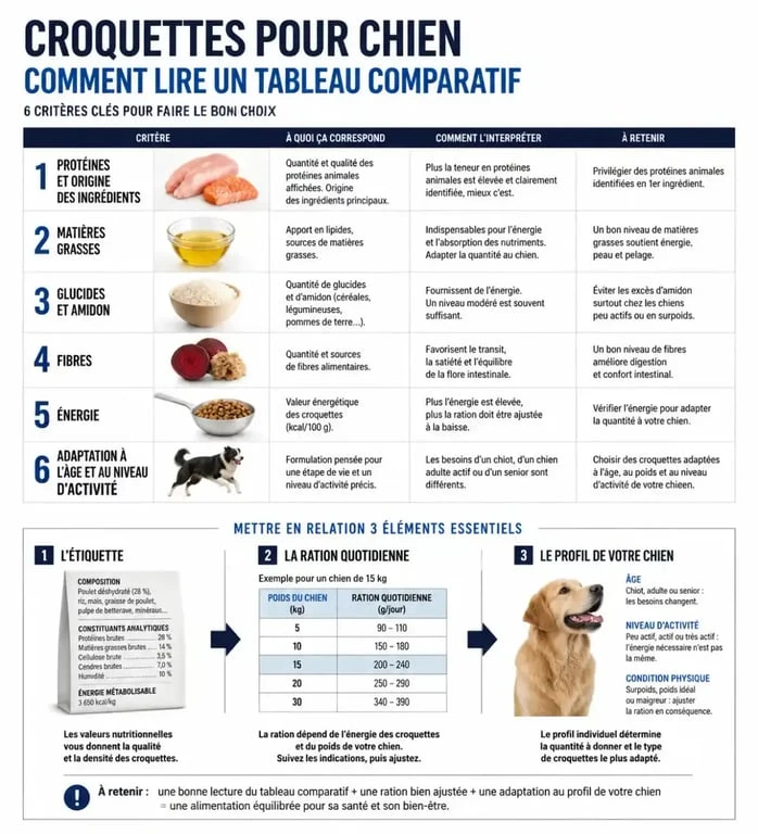 Tableau comparatif de croquettes pour chien avec les six critères nutritionnels à vérifier