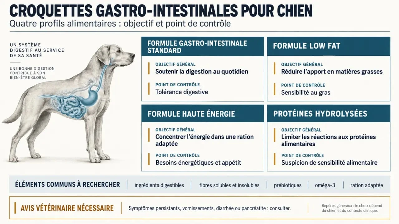 Infographie des croquettes gastro intestinales pour chien selon le besoin digestif