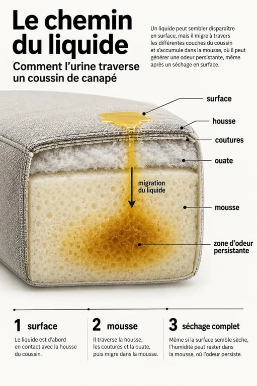 Schéma d’un pipi de chat sur canapé pénétrant dans la mousse et les coutures