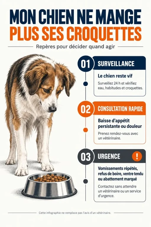 Infographie sur un chien qui ne mange plus ses croquettes et les signes d’alerte à surveiller