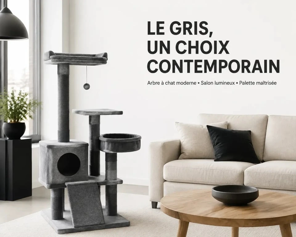 Arbre à chat gris intégré dans un salon contemporain lumineux