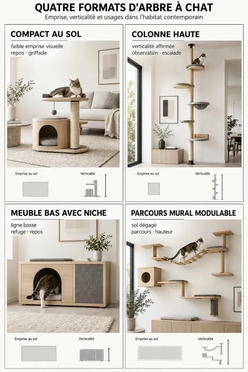 Arbre à chat meuble : comparaison visuelle des configurations au sol, colonne, meuble bas et parcours mural