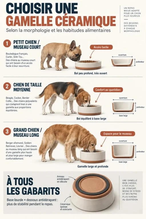 Infographie pour choisir une gamelle céramique pour chien selon sa taille et la forme de son museau