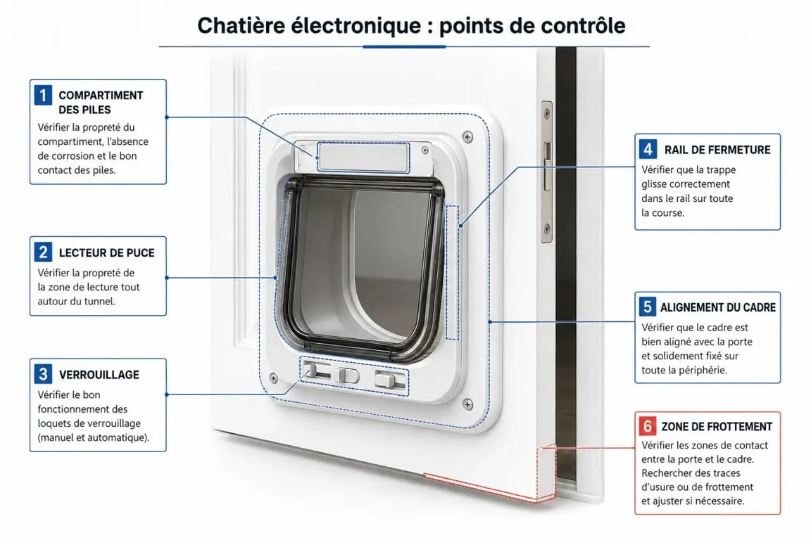 Chatière sureflap ne fonctionne plus : schéma des points à vérifier sur une chatière à puce