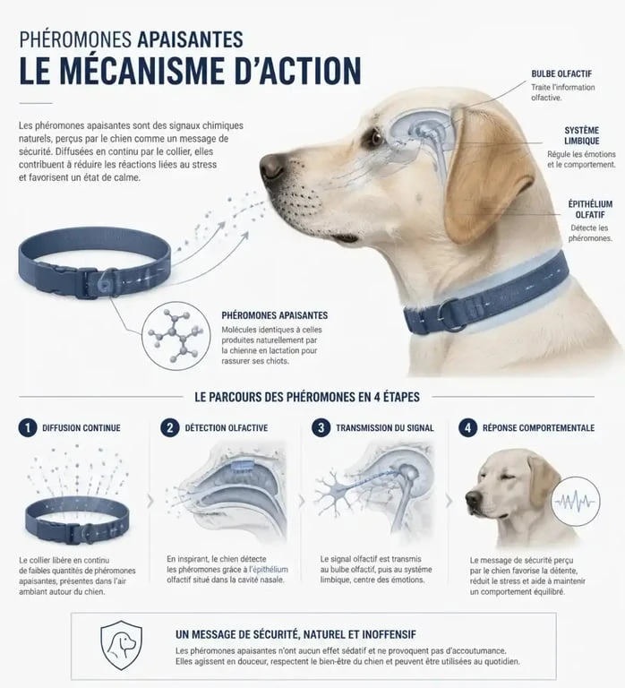Schéma explicatif du fonctionnement d'un collier anti stress chien par phéromones