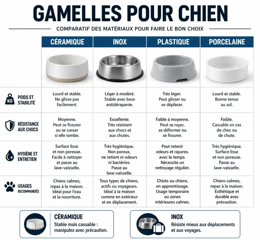 Infographie comparative des gamelles en céramique, inox, plastique et porcelaine pour chien