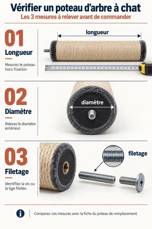 Infographie pour vérifier la compatibilité d’un poteau arbre à chat avec le diamètre, la longueur et le filetage