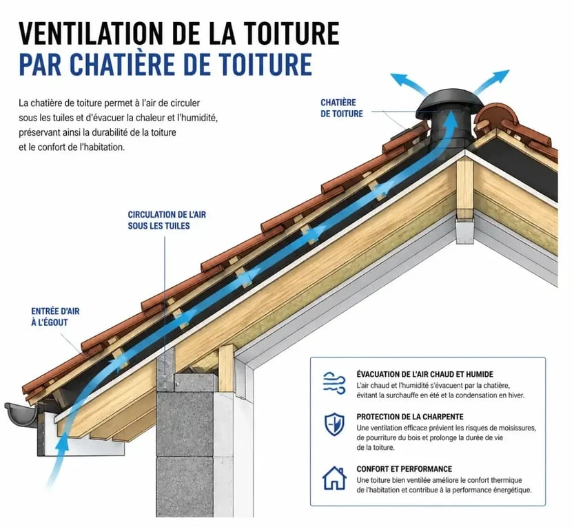 Schéma de fonctionnement d'une chatière de toiture pour la ventilation