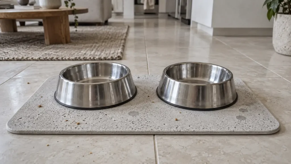 Tapis gamelle chien : diatomite ou vinyle, 4 critères contre les flaques