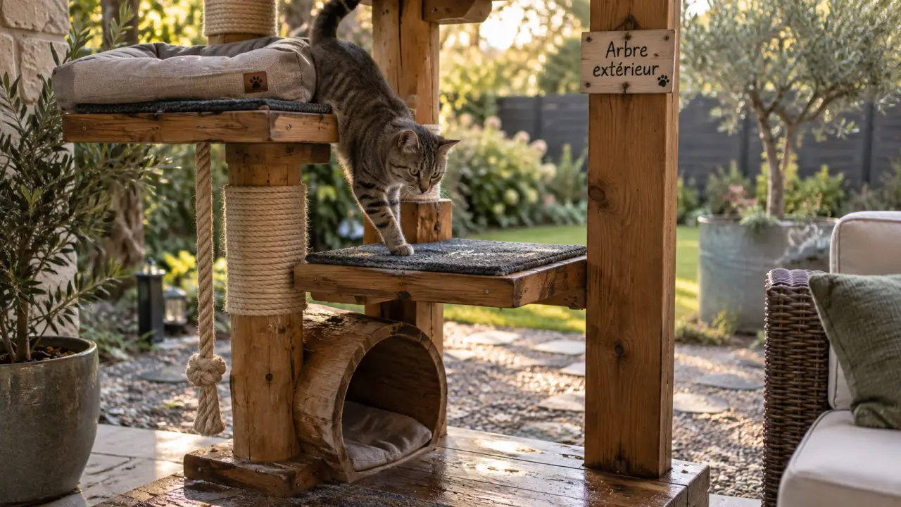 Arbre a chat exterieur en bois massif, 3 plateaux, chat gris