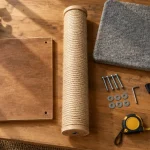 Arbre a chat maison en fabrication : base stable et sisal, vue de dessus