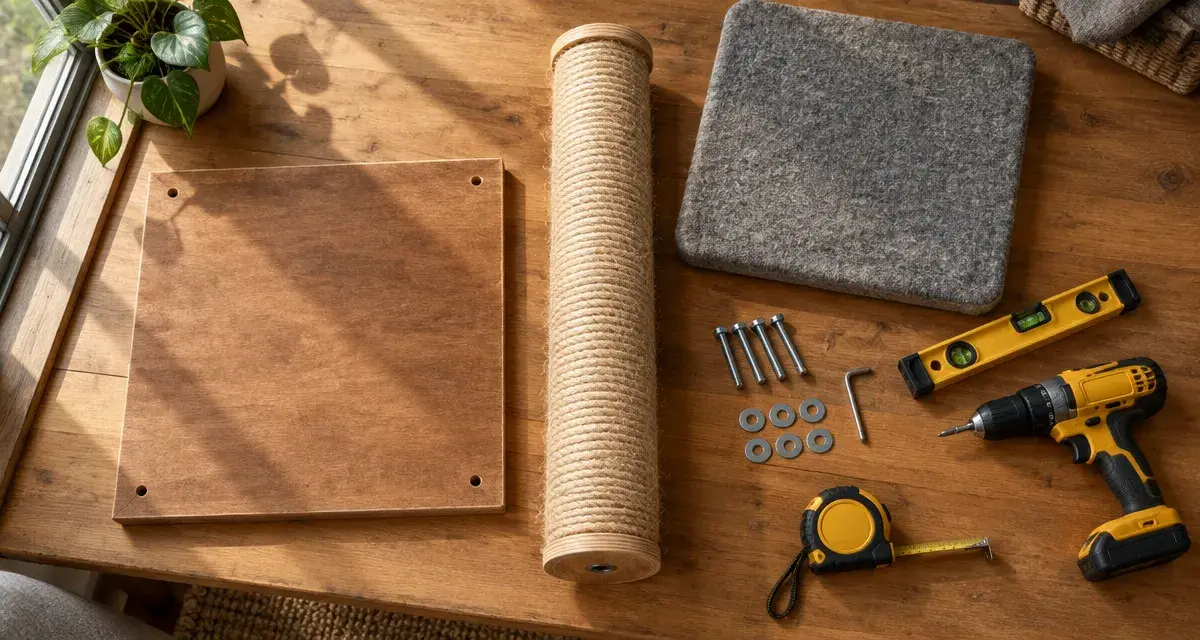 Arbre a chat maison en fabrication : base stable et sisal, vue de dessus