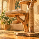Arbre a chat naturel en bois massif, stable et durable, coussin beige et griffoir sisal
