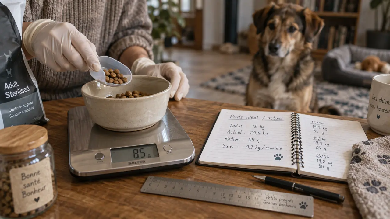 Croquettes pour chien stérilisé en surpoids : ration mesurée au poids