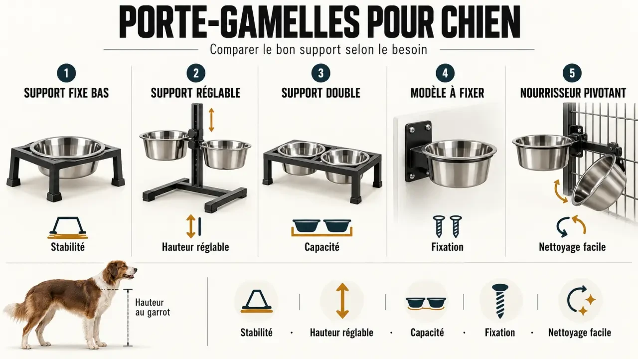 Comparaison de porte gamelle chien selon la hauteur, la stabilité, le nombre de bols et le type de support