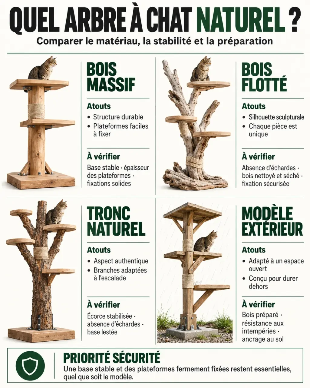 Infographie comparative des types d’arbre à chat naturel et de leurs critères de stabilité