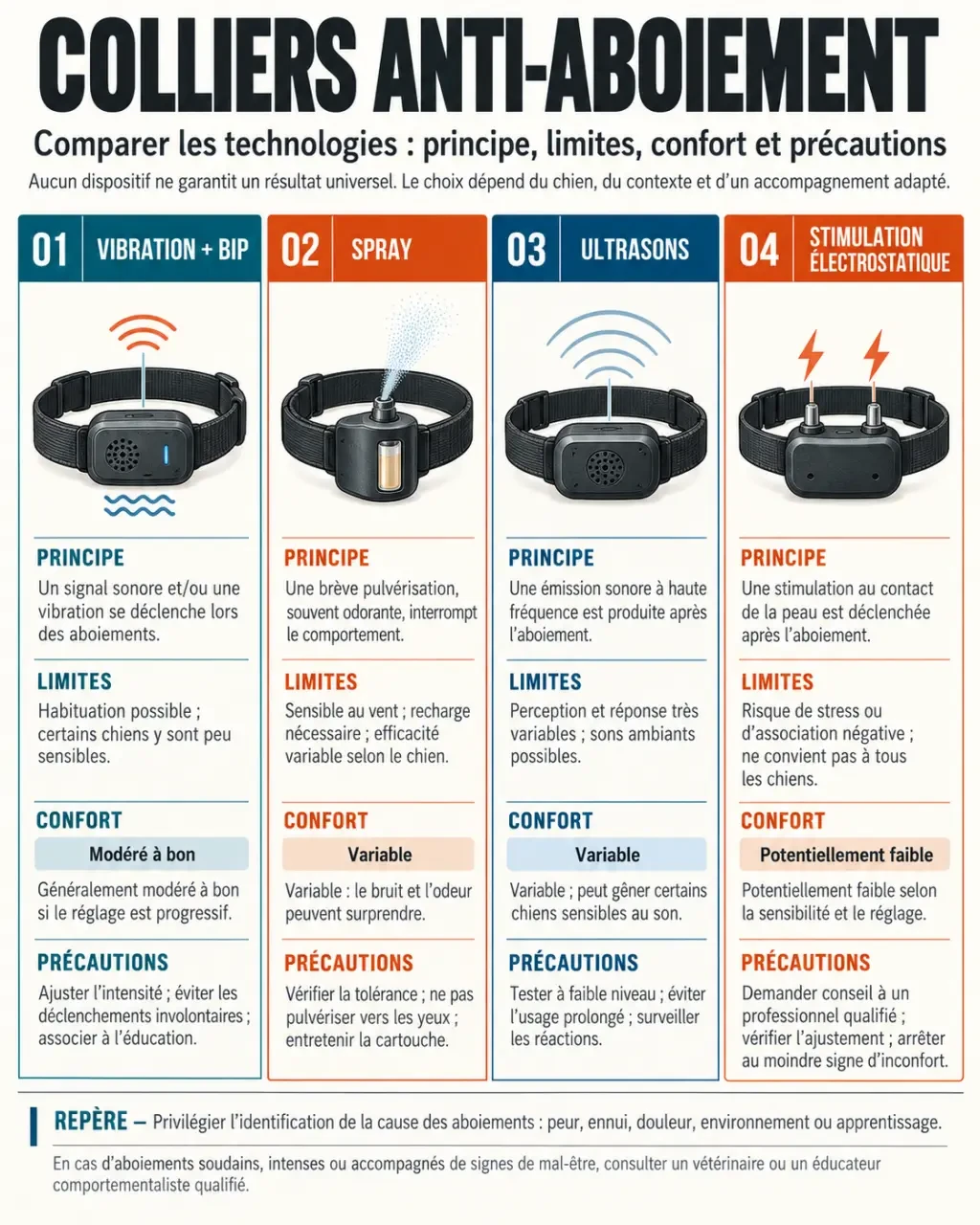 Infographie comparative des technologies de collier anti aboiement pour chien et de leurs précautions