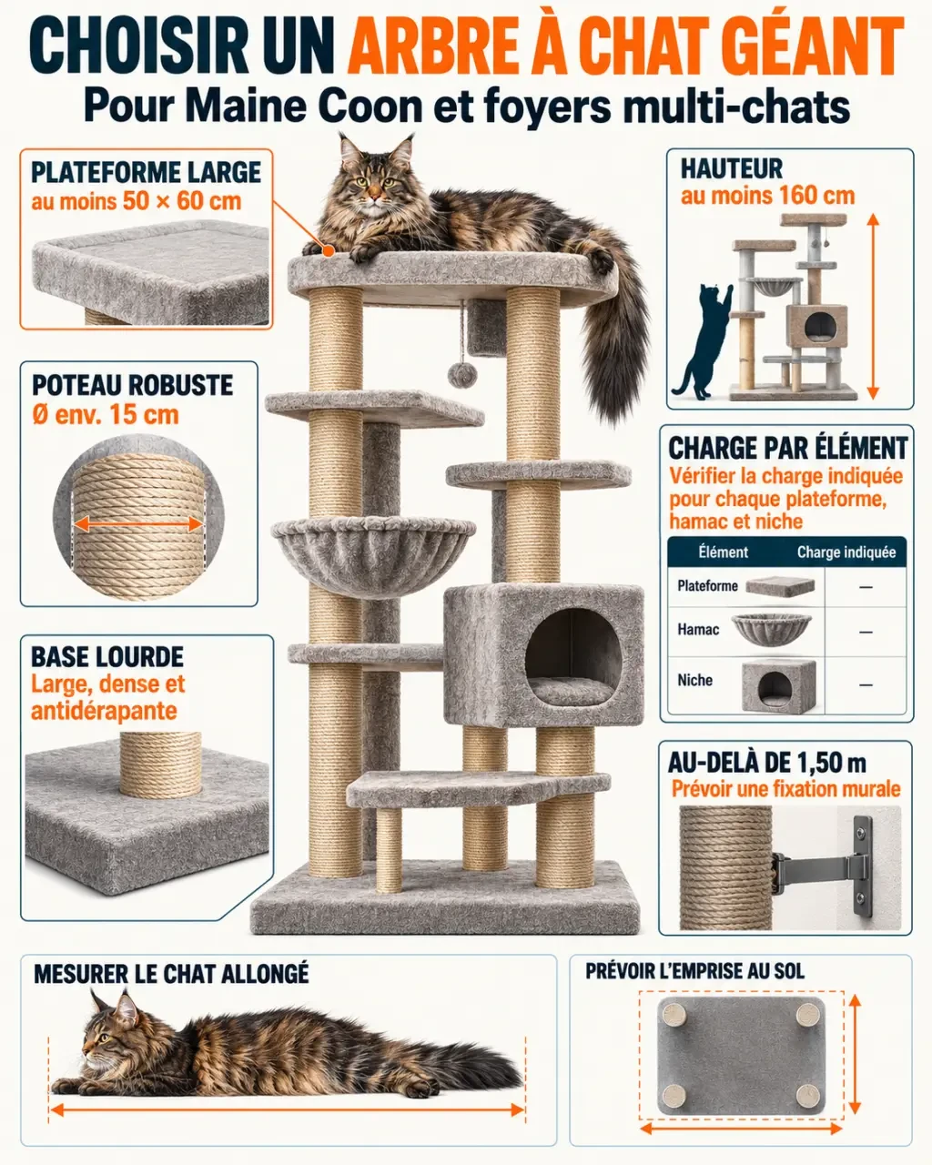Infographie pour choisir un arbre à chat géant stable et adapté à un Maine Coon