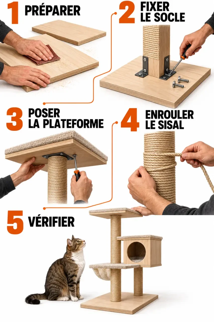 Étapes illustrées pour fabriquer un arbre a chat stable avec poteau et sisal