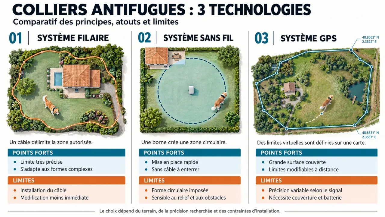 Infographie comparative des technologies de collier antifugues chien filaire, sans fil et GPS