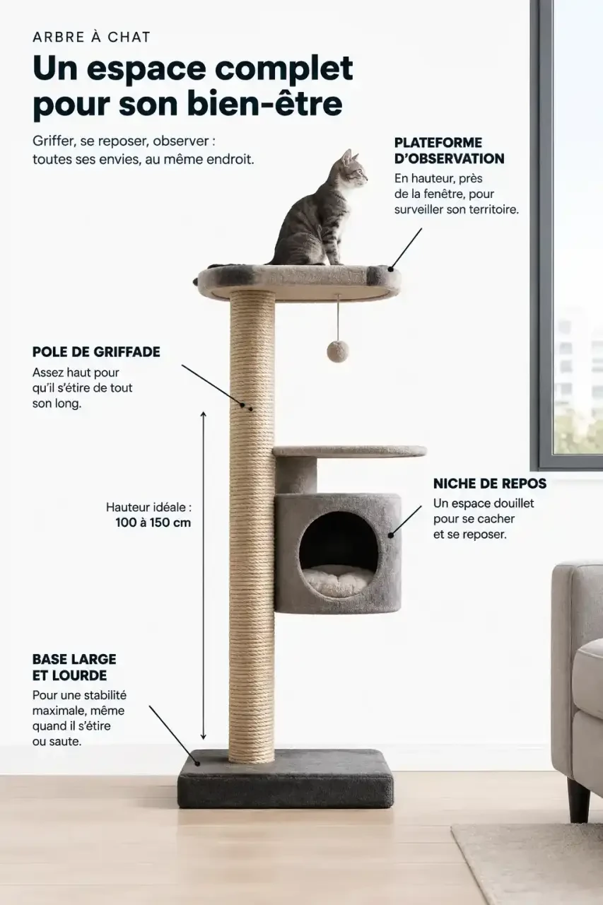 Schéma d'un chat arbre : base stable, poteau de griffade, niche et plateforme d'observation