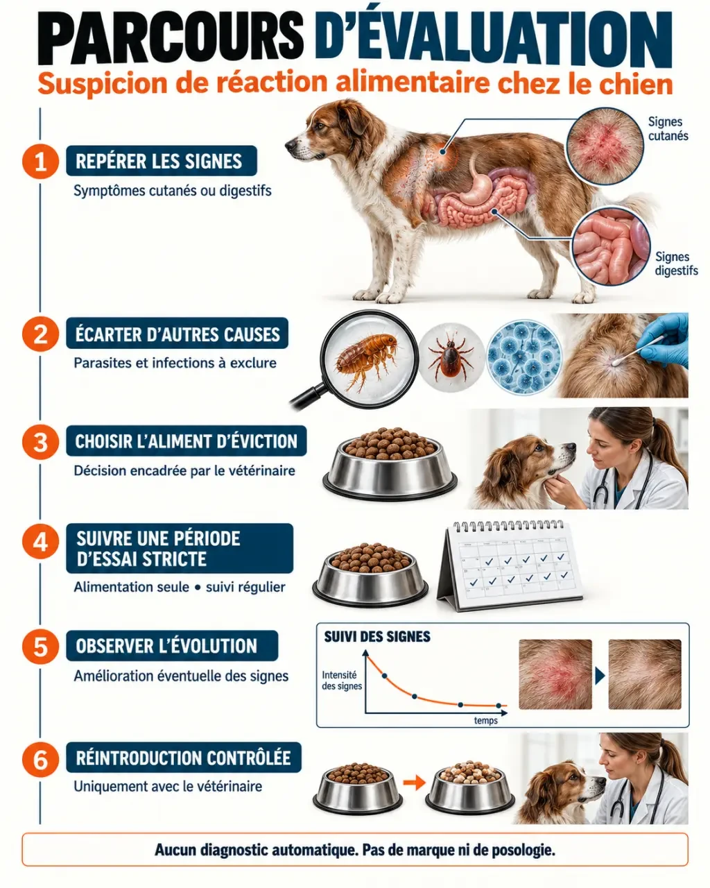 Parcours d’évaluation d’un chien allergique aux croquettes avec régime d’éviction et suivi vétérinaire