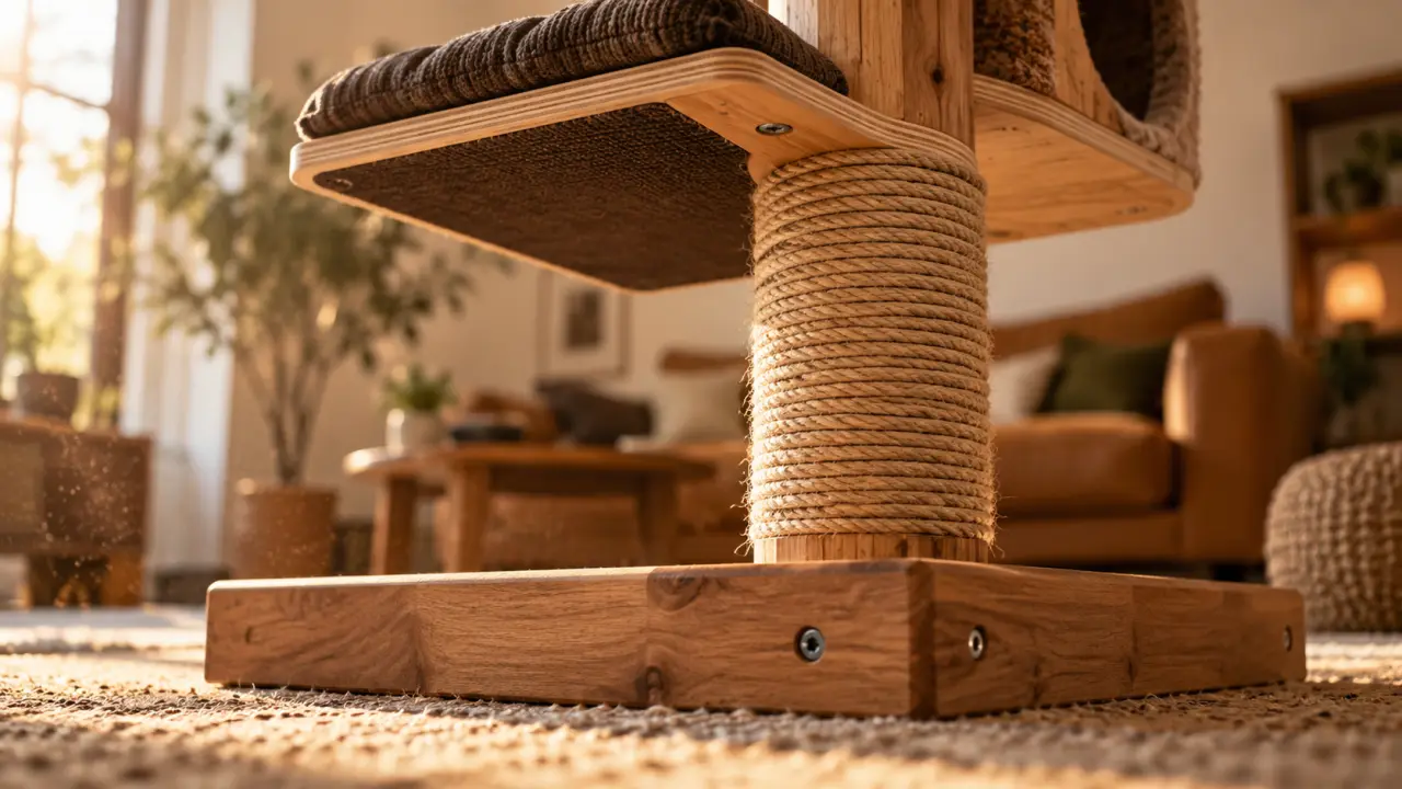 Fabriquer un arbre a chat : socle stable en bois, corde de sisal
